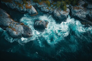 Aerial View of Rocky Coastline with Crashing Waves
