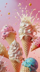 poster for icecream day, multiple icecreams, light backdrop,