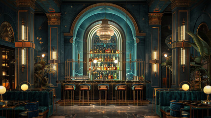 Fototapeta premium Elegant bar interior with lush decor and ambient lighting in an upscale establishment during evening hours
