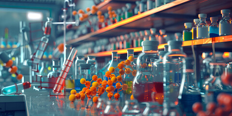 Chemistry lab with colorful liquids scientific research. A photo of a chemistry lab with lab equipment, Chemistry lab with bubbling test tubes and beakers

