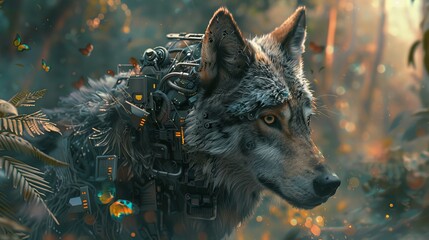 Mechanical transformer portrait of a wolf with ferns and butterflies, character concept art with cinematic lighting and mechanical dawn in a technology city