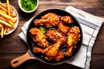 Fried chicken wings with french fries in frying pan on wooden background.