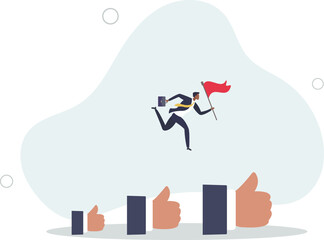 businessman holding winner flag jumping up growing thumbs up sign.flat vector illustration.