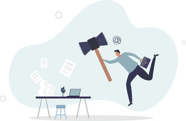frustrated businessman hitting to break computer with hammer.flat vector illustration.