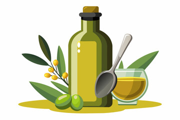 Olive oil bottle and spoon vector illustration 