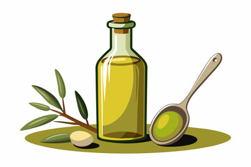 Olive oil bottle and spoon vector illustration 