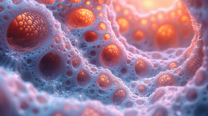  Close-Up View Of Vibrant Red And Orange Cells With Intricate Textures Surrounded By Blue And Purple Porous Structures