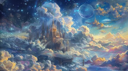 Oil painting depicting a celestial city in the clouds viewed from below