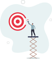 ambitious businessman on ladder using paint roller to paint big dartboard, archery target.flat vector illustration.