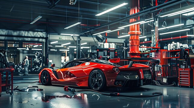 Bright and tidy automotive repair shop where a Czinger 21C hypercar is being serviced