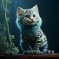 Cute kitten sitting on a wooden shelf in front of a dark background