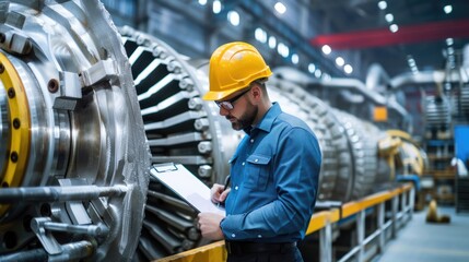 Smart engineer checking iron machine in factory while wearing safety helmet. Professional industrial worker repairing or examining machinery part or turbine machine while holding chart form. AIG42.