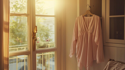 A soft jersey nightgown in pastel pink, hanging on a vintage-style coat hook in a sunlit bedroom, offering a blend of comfort and femininity for sweet dreams and restful sleep.