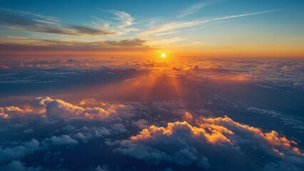 Obraz premium view of sky and clouds - The view of the sky and the pattern of clouds during the flight (Golden Time) from the airplane window