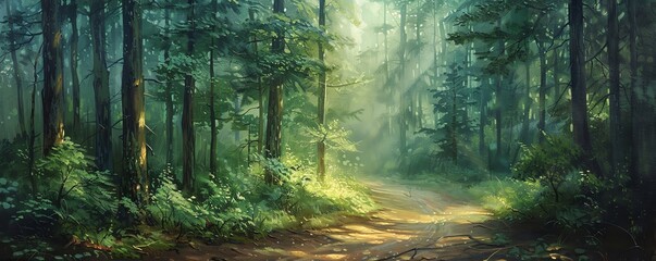 Naklejka premium A beautiful painting of a lush green forest with sunlight streaming through the trees. The path leading into the forest is inviting and mysterious.