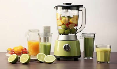 Modern electric juicer with ingredients for making smoothie on grey background