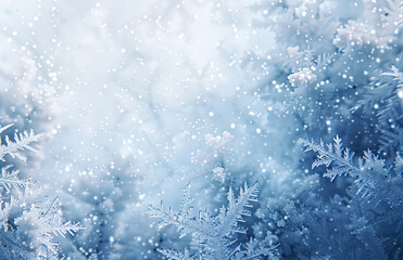 Abstract background with snowflakes and frost on glass, winter landscape, blue color, blurred background. Created with Ai