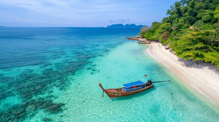Top view or aerial view of beautiful crystal clear water and white beach with long tail boat in summer of tropical island or Koh Lipe in Satun, Southern Thailand