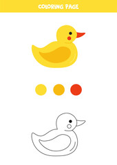 Color cute cartoon yellow rubber duck. Worksheet for kids.