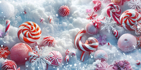 A christmas candy cane in the snow 