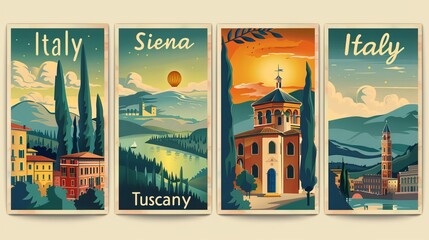 Set of "Italy" Travel Destination Posters in retro style. "Siena", "Tuscany" digital prints. European summer vacation, holidays concept. Vintage vector colorful illustrations.