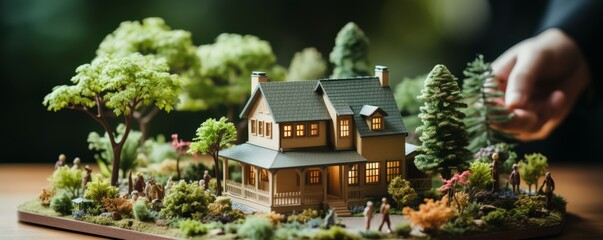 Enchanting Miniature Model House with Figurines and Trees