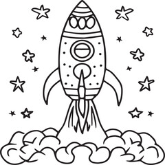Space rocket in the sky with stars and clouds Vector illustration. Rocket coloring pages.