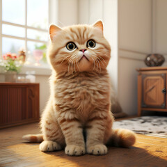 Portrait of cute scottish fold cat on wooden table.