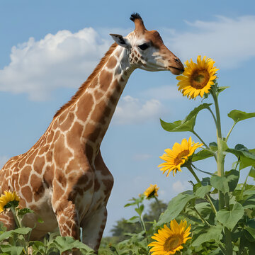 a giraffe smelling a sunflower in a field.