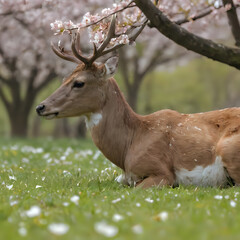 Fototapeta premium a deer rests under a cherry blossom tree.