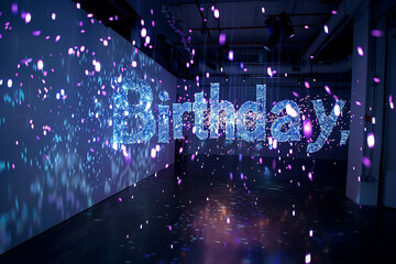 A magical 3D light installation featuring floating illuminated letters spelling out 