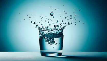 Glass of water on plain surface against blue gradient backdrop. Dynamic splash and droplets captured mid air highlighting moment of energy.