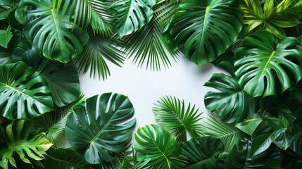 Green palm leaves isolated on white background, close up view. Tropical foliage banner with copy space for text and design. Elegant palm tree leaves in corner, ideal for natural and botanical themes