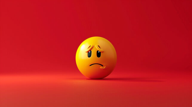 A minimalist 3D  of a single yellow frustrated emoji on a solid bright red background.