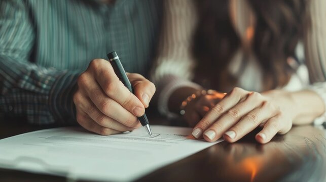 A couple signing a document together at a table, focusing on their hands and the pen on paper.