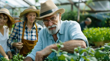 Senior man gardening with friends in a greenhouse, enjoying a day of planting and nurturing greenery together.