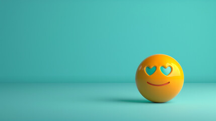A minimalist 3D  of a single yellow heart-eyed emoji on a solid turquoise background.
