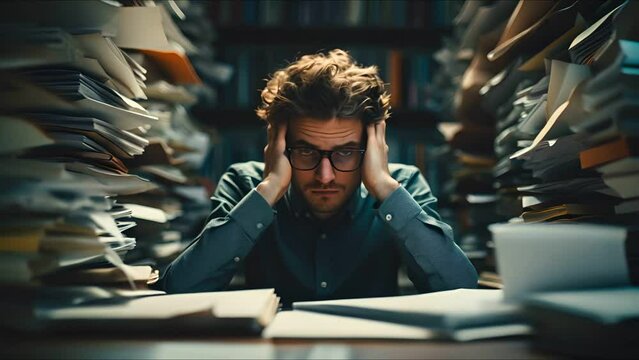 Business man whose desk is full of documents at work , Businessman stressed with stack of paperswork