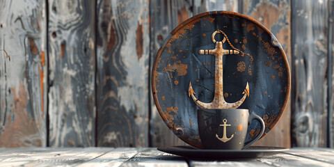 Ship anchor logo with black rusty cup. fathers day concept
