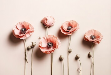 Flowers background. Pink Poppy flowers pattern on beige backdrop. Floral art. Poster