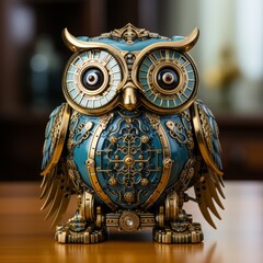 Intricate Steampunk Owl Statue on Wooden Table