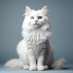 Portrait of a white persian cat sitting on a blue background