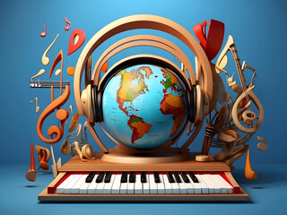 World Music Day is observed every year in June. it is the art of arranging sounds in time to produce a composition through the elements of melody, harmony, rhythm, and timbre design. 3D Rendering