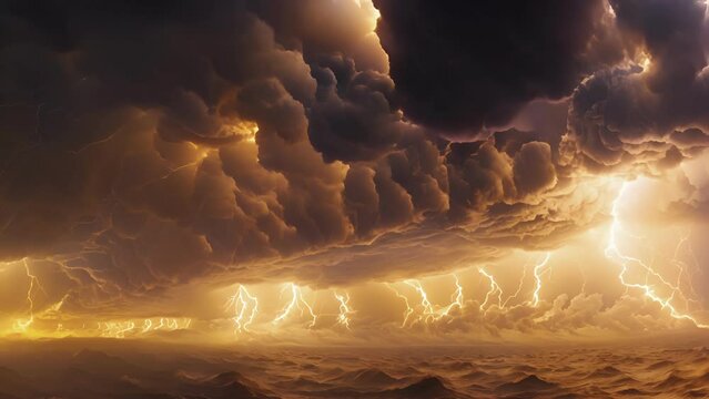 An intense lightning storm rages on with each strike illuminating the writhing cloud formations above.
