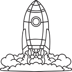Space rocket in the sky with stars and clouds Vector illustration. Rocket coloring pages.