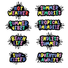 Handwritten phrases set -  Summer . Warm season lettering typography for card, invitation. Calligraphy greeting card. Logo, badge, icon, banner, poster, sticker, print.