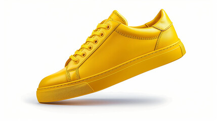 Flying yellow leather womens sneaker isolated on white background. Fashionable stylish sports casual shoes. Creative minimalistic layout with footwear. Mock up for design advertising for shoe store
