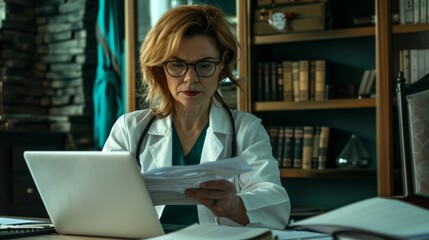 Female doctor reviewing medical documents while working on a laptop in her office filled with books and documents.