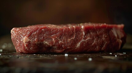 Intimate view of a New York strip steak, focusing on the succulent texture and natural fat marbling, studio-lit on an isolated background