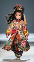 Modern Chinese model ,A 3yearold Chinese girl, walking down the runway, hair flowing, full body,panoramic shots
